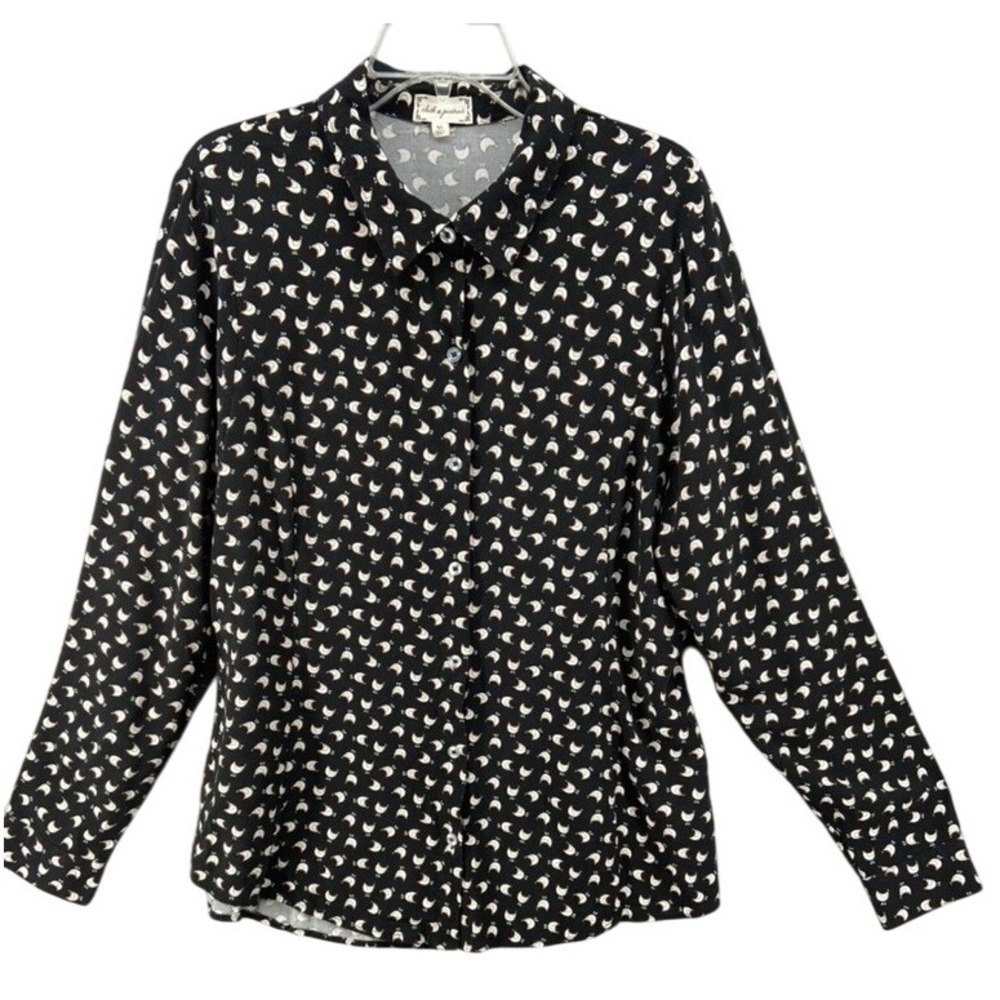Cloth & Portrait Shirt Womens Sz XL Black Chicken Print Button Up Long Sleeve
